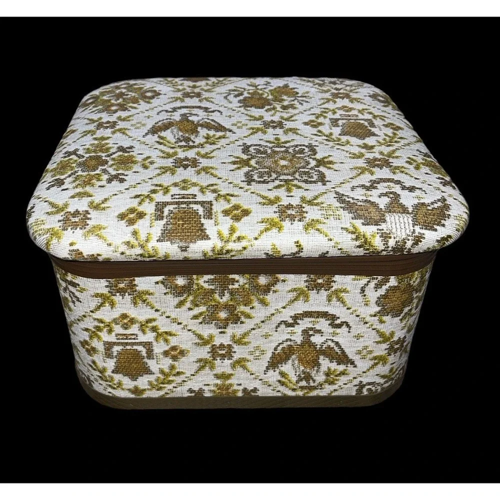 VTG MCM Redmon Sewing box basket Supplies eagles Bells Tray Insert Gold Cream